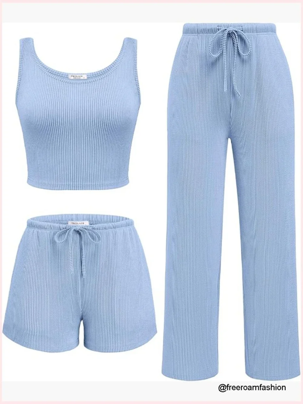 3 Piece Lounge Set Crop Top Shorts & Pants Ribbed Knit Vacation Outfit - Picture 1 of 7